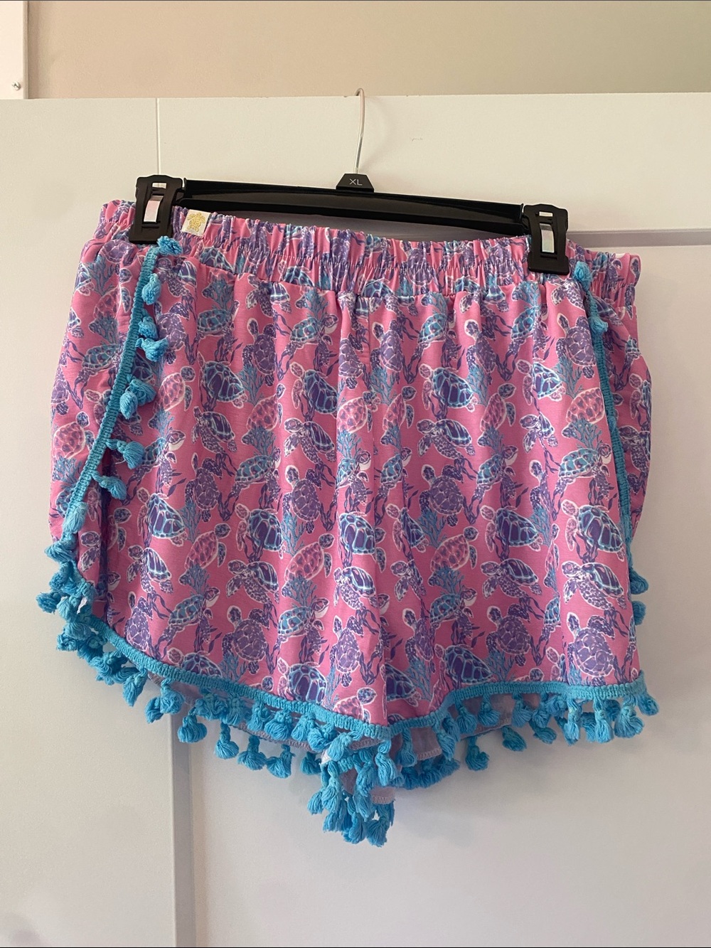 Simply Southern Pink Turtle-Print Athletic Shorts with Blue Tassel Trim